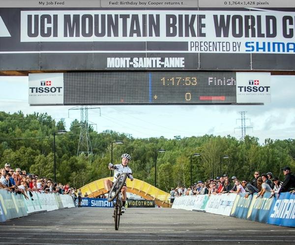 Anton Cooper celebrating the win at the UCI Under-23 Mountain Bike World Cup at Mont Sainte Anne, Canada today.